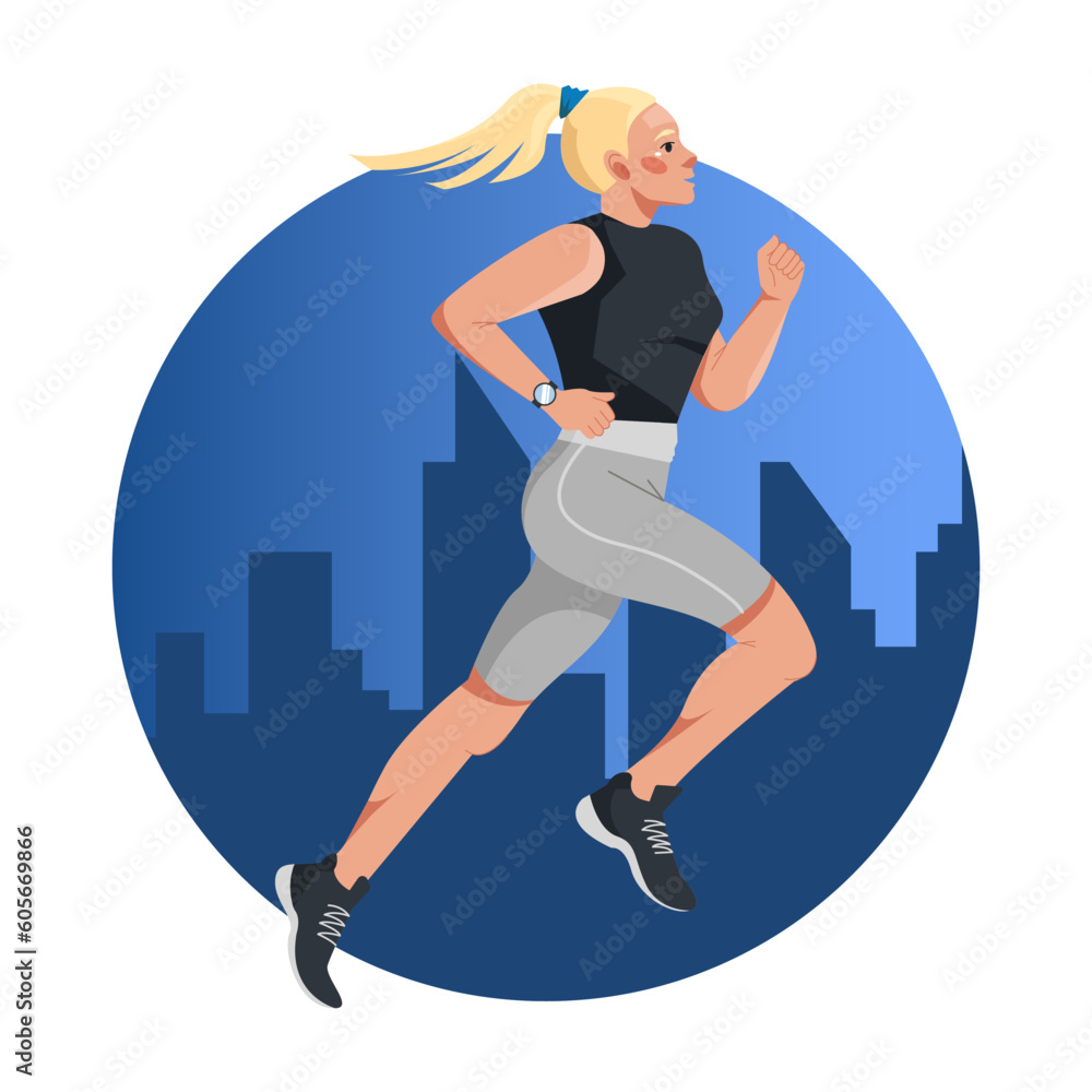 Vector illustration in a flat style with a young blonde woman running against the background of a night city. Preparation for sports competitions. Sports, training, running