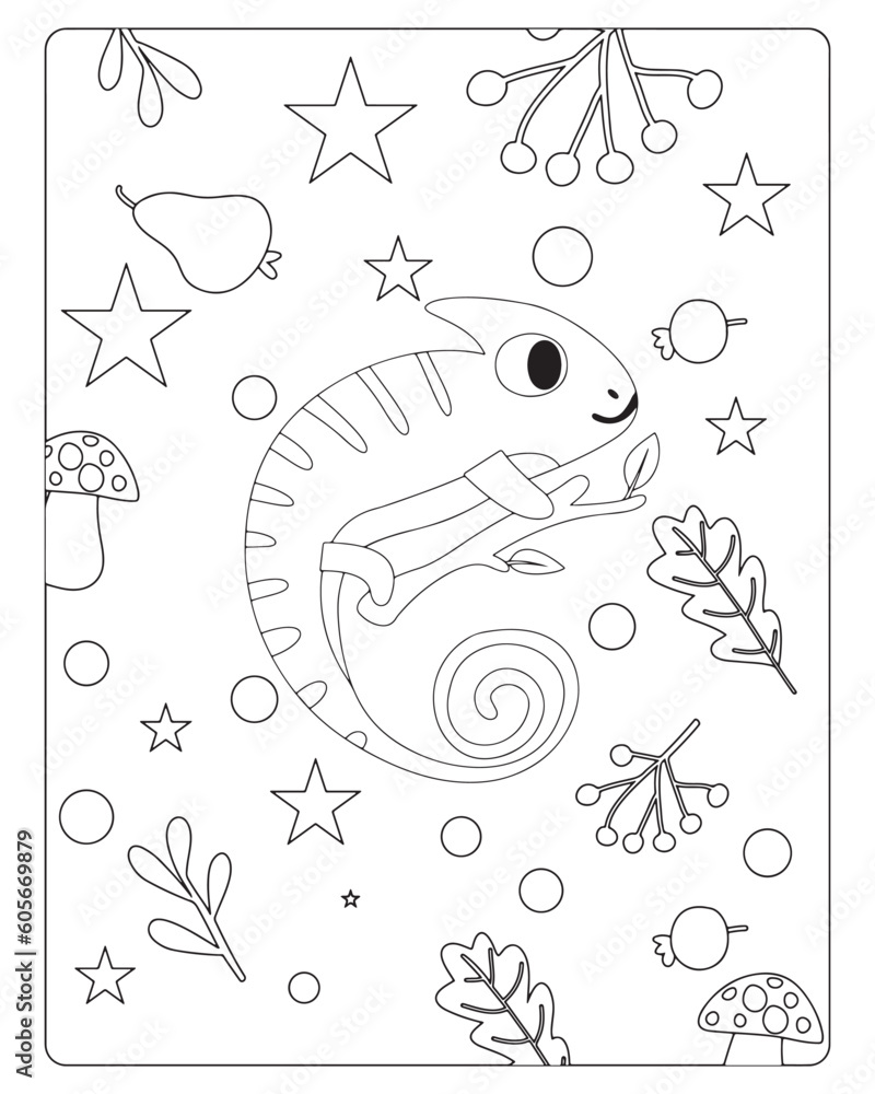Fototapeta premium a cute chameleon surrounded by stars and leaves in a whimsical illustration for kids