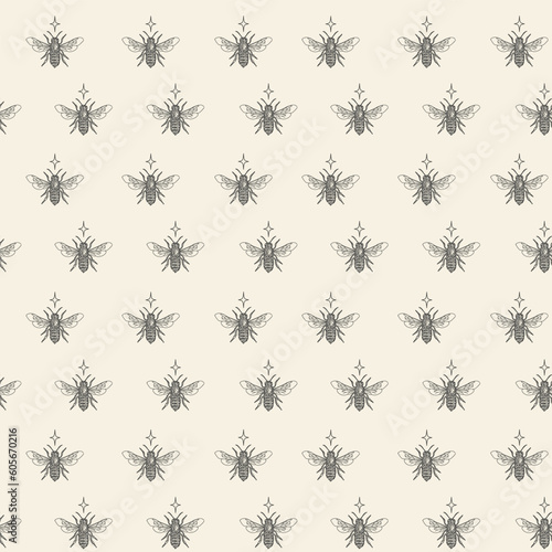 Decorative mystic pattern with honey bee sketch and stars.