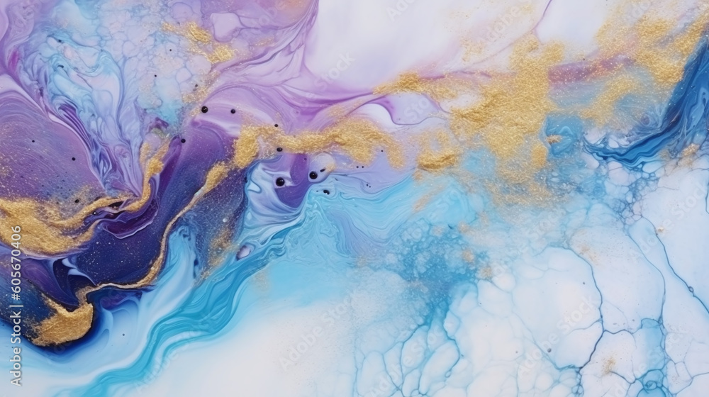 Watercolor with gold ink. Colorful marble background, abstract paint slash pattern. AI generated marble wall with liquid colors blend and wave splash texture