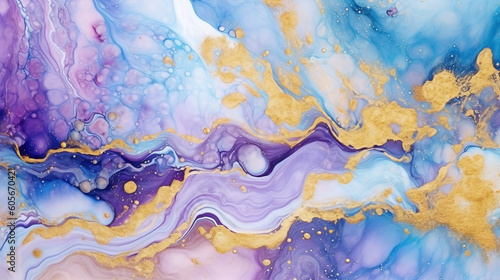 Liquid art background with colorful ink marble texture with liquid abstract pattern. AI generative marble wall with golden paint wave splash on purple with blue