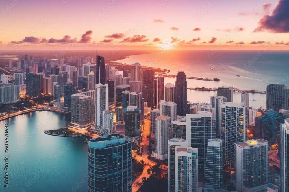 A panoramic aerial view of the Miami skyline at sunset, showcasing the city's iconic pastel-colored buildings and palm tree-lined streets. Generative AI