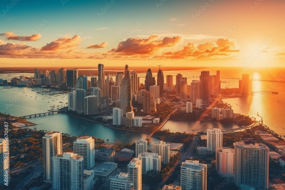 Fototapeta premium A panoramic aerial view of the Miami skyline at sunset, showcasing the city's iconic pastel-colored buildings and palm tree-lined streets. Generative AI