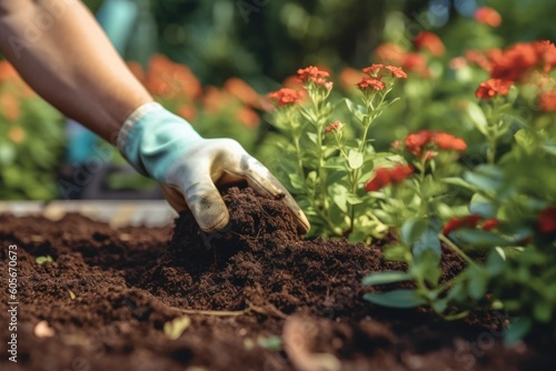 gloved hand planting a new flower in a garden bed with a blurred flower bed background. Generative Ai photo