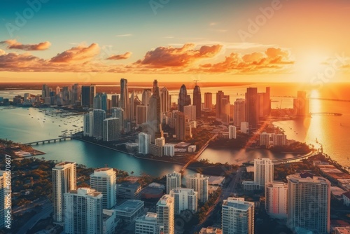 A panoramic aerial view of the Miami skyline at sunset, showcasing the city's iconic pastel-colored buildings and palm tree-lined streets. Generative AI