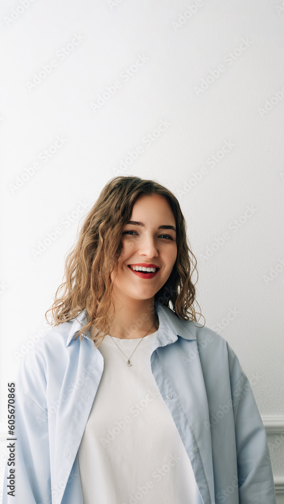 Confident young woman in casual blue tee smiling at camera by window, against white wall. Playful and vibrant indoor portrait. Confident young woman in casual blue tee smiling at camera by window, against white wall. Playful and vibrant indoor portrait.