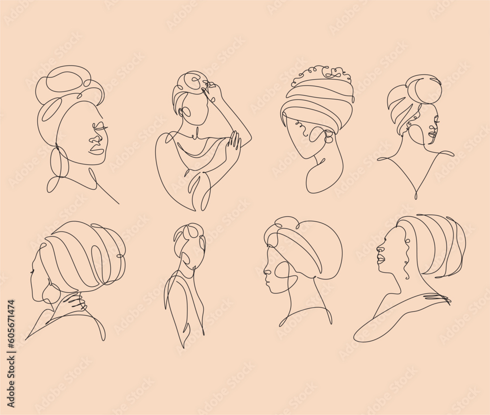 African woman face line drawing. Curly hair linear. Minimalistic abstract women portrait continuous line art for logo, prints, tattoos, posters, textiles, postcards. Vector illustration African woman face line drawing. Curly hair linear. Minimalistic abstract women portrait continuous line art for logo, prints, tattoos, posters, textiles, postcards. Vector illustration
