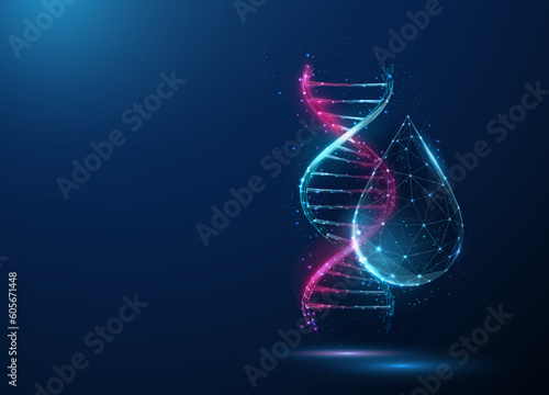 Abstract blue and purple DNA molecule helix and drop of water