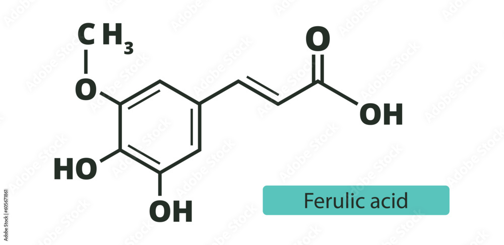 Ferulic acid. Molecule structure. Skeletal formula. Ferulic acid. Molecule structure. Skeletal formula.