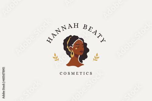 Beauty African boho woman black skin jewelry cosmetic logo design template vector flat