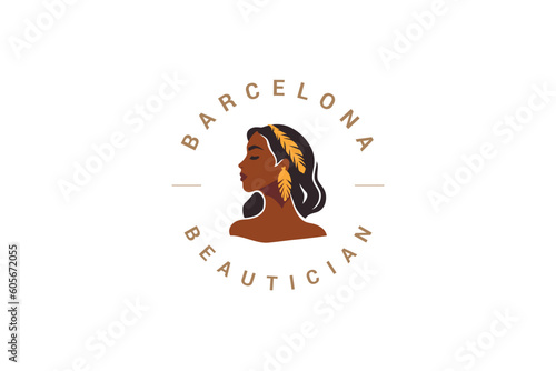 African boho woman portrait golden tribal feather accessories logo design vector flat