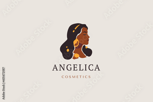 Romantic African woman head jewelry accessories beauty logo design template vector flat