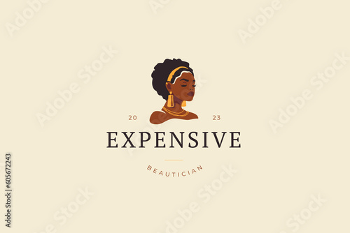 Elegant African woman in golden fashion earrings necklace logo design template vector flat