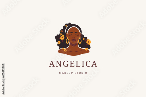 African woman portrait hairstyle summer flowers beauty logo design template vector flat