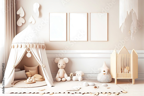 Baby room in scandinavian boho style. Generative ai.