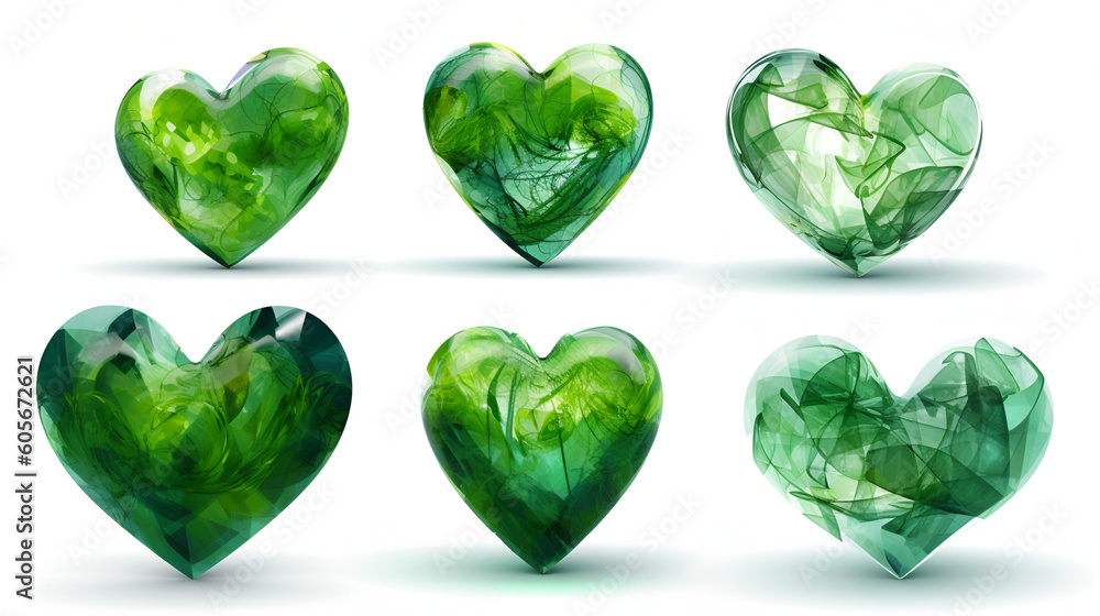 Fototapeta premium Set of transparent hearts in green colors isolated on white background. Emerald crystal hearts with grass and leaves as symbol of earth love and healthy enviornment. Green life concept. Generative AI