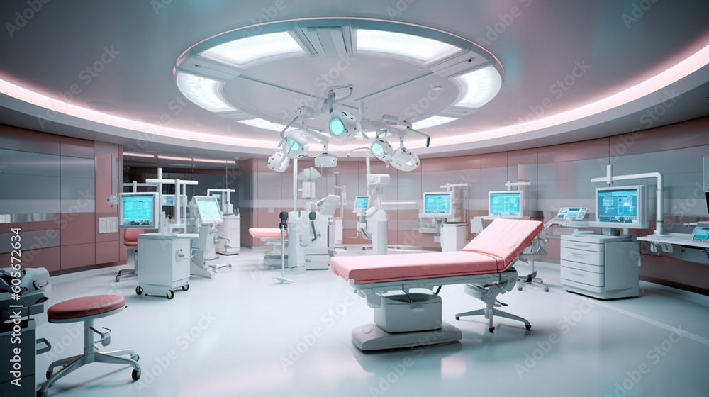 A hospital room with blue beds and a ceiling with medical equipment. AI generative