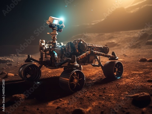 Rover on Mars surface. Exploration of red planet. Created with Generative AI technology.