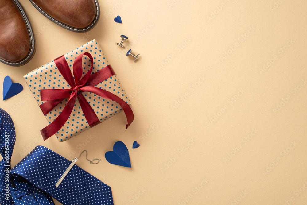 Celebrate Father's Day with this top view arrangement of leather shoes, hearts, accessories, blue necktie, cufflinks, and gift box on a pastel beige background, complete with an empty space for text - obrazy, fototapety, plakaty 