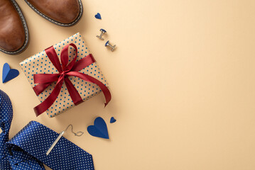 Celebrate Father's Day with this top view arrangement of leather shoes, hearts, accessories, blue necktie, cufflinks, and gift box on a pastel beige background, complete with an empty space for text