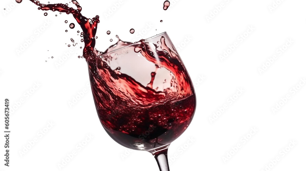 Red wine poured to a glass, splashes of whine, transparent background, Ai generated - obrazy, fototapety, plakaty 