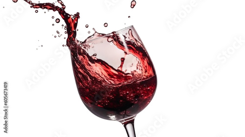 Red wine poured to a glass, splashes of whine, transparent background