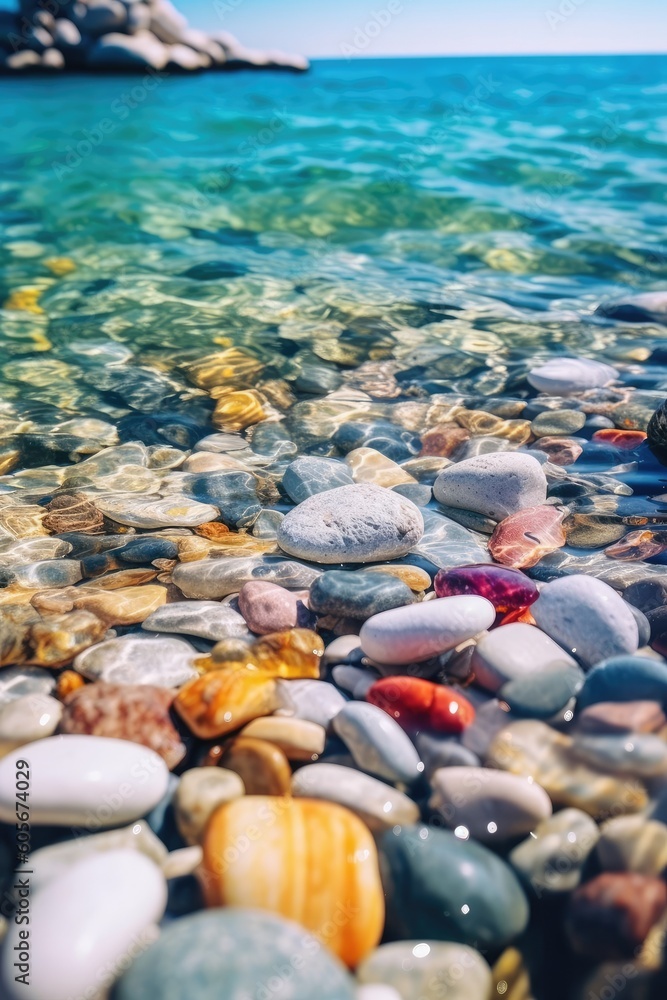 Summer beach, transparent and shining pebbles. Generative AI