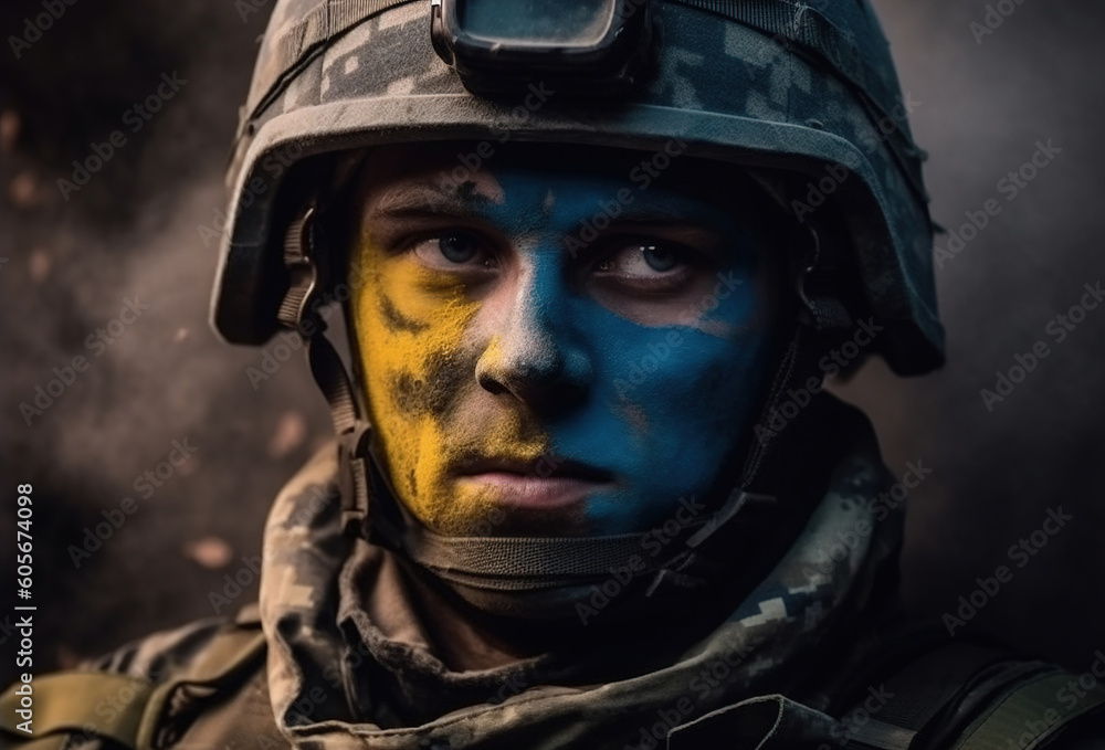 Soldier in military uniform UA army with Ukrainian national flag colors on face, Armed special forces. Defense. Loyalty. Patriotism concept. Men Portrait. Stop russian aggression. generative ai Soldier in military uniform UA army with Ukrainian national flag colors on face, Armed special forces. Defense. Loyalty. Patriotism concept. Men Portrait. Stop russian aggression. generative ai