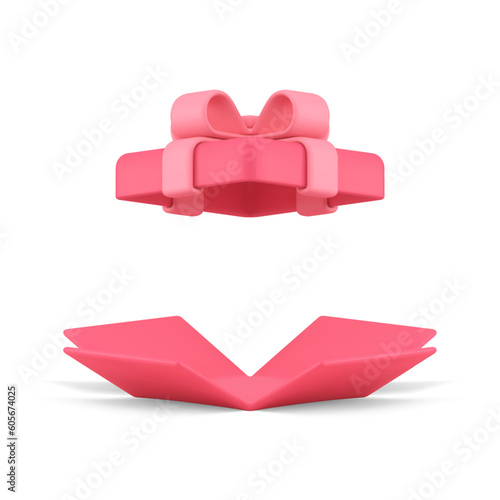 Present container open package pink wrapped gift box with open lid 3d icon realistic vector