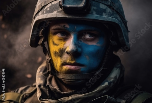Soldier in military uniform UA army with Ukrainian national flag colors on face, Armed special forces. Defense. Loyalty. Patriotism concept. Men Portrait. Stop russian aggression. generative ai © Syntetic Dreams
