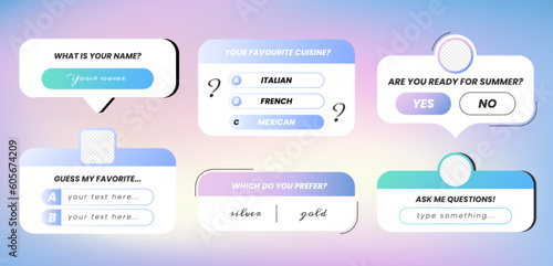 Social media polls. Flat interface design elements on gradient background. Ask me question and choice stickers, web button yes or no and frame story quiz template. Blogging and communication concept.