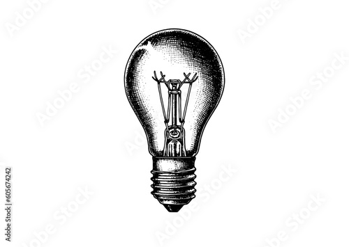 Engraving light bulb on white background. Vintage engraved light for idea or illumination concepts vector illustration