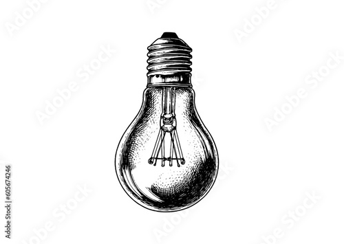 Engraving light bulb on white background. Vintage engraved light for idea or illumination concepts vector illustration