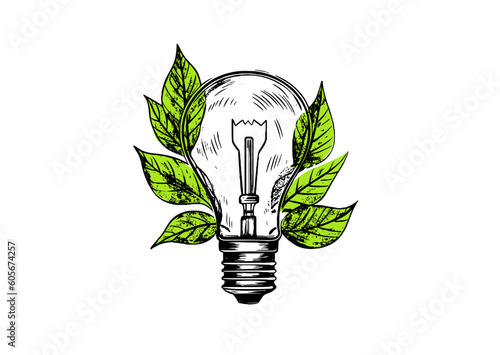 Engraving light bulb in hand. Vintage engraved light for idea or illumination concepts vector illustration.