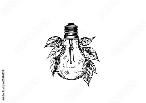Engraving light bulb in hand. Vintage engraved light for idea or illumination concepts vector illustration.