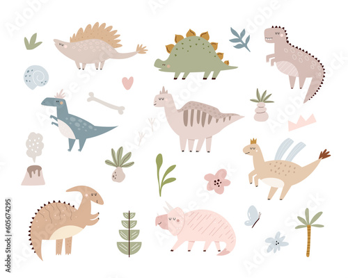Vector set of cute and funny dinosaurus and botanical elements