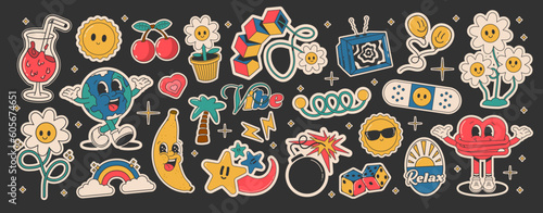 Cartoon groovy stickers 70s. Cute retro characters. Hippie style, set cute labels. Isolated on black background