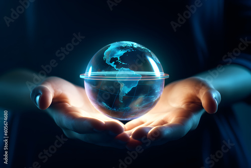 Hand holding floating high tech hologram of planet earth
