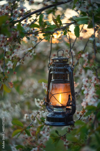 Photo of a kerosene lantern on a cherry blossom branch.