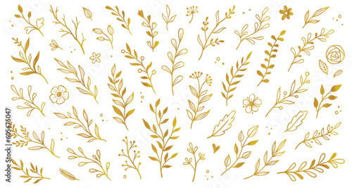 Gold branch leaf element set. Hand drawn sketch doodle golden leaves floral element for wedding background, elegant design. Vector illustration.
