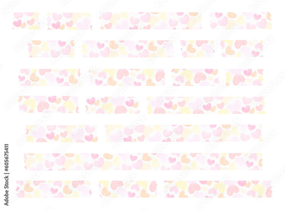 decorative pastel adhesive tape strips with beautiful heart pattern isolated on transparent background, masking tape with cute heart design, png file