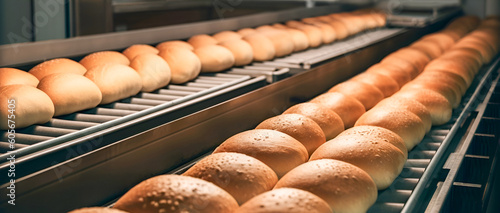 Loafs of bread in a bakery on an automated conveyor belt. Bread in production. Generative AI