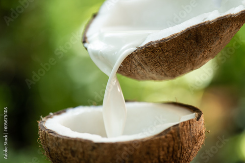 Coconut haft fruit and coconut milk on nature background.