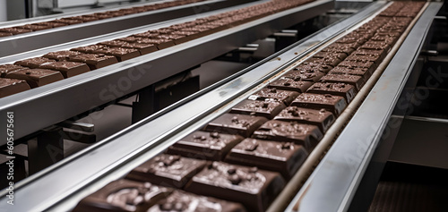 Conveyor line at the plant of the confectionery factory. Robotic automated production of chocolate products. Chocolate in a food processing plant, ready for automatic packaging.  Generative AI photo