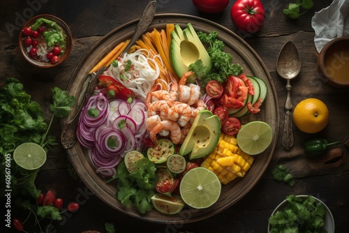 A bird's eye view of a harmonious plate featuring ceviche and fresh vegetables. Generative AI