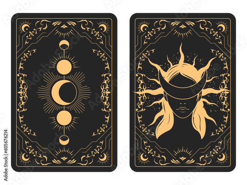 The reverse side of a tarot cards batch, pattern with blindfold witch face and lunar phases, esoteric and mystic symbols, sorcery, vector