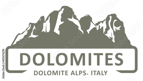 Stamp or emblem of Dolomites Alps, Dolomiti Mountains sihouette, Italy, vector