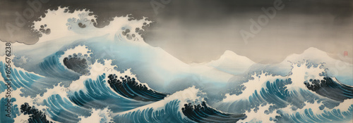 Hokusai style rough sea ocean waves background. Katsushika Hokusai style Japanese woodcut print ocean waves, wide format. Generative AI.
