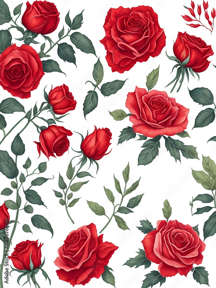 Watercolor red rose and leaves clipart on white background , Generative AI illustration Watercolor red rose and leaves clipart on white background , Generative AI illustration