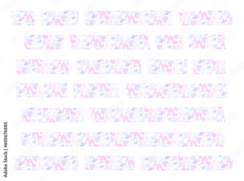 decorative adhesive tape, masking tape strips with purple and pink heart pattern on transparent background, semi transparent tape pieces, png file